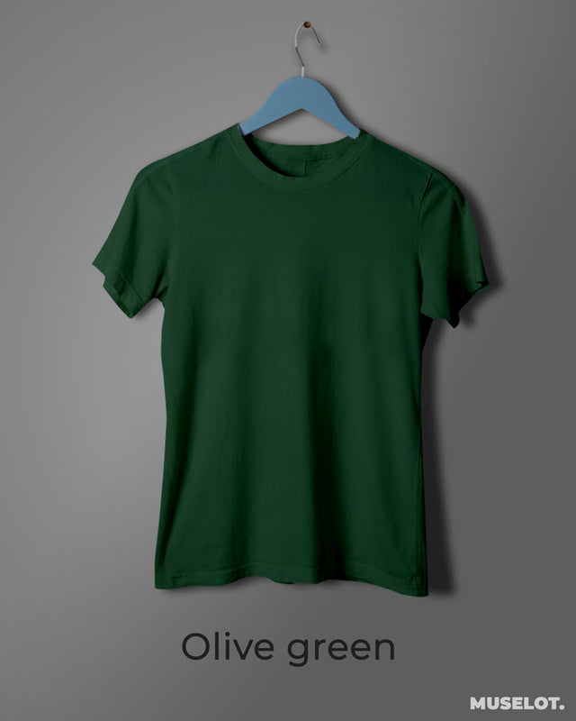 Women's plain olive green t shirt online in 100% cotton, round neck and half sleeves - MUSELOT
