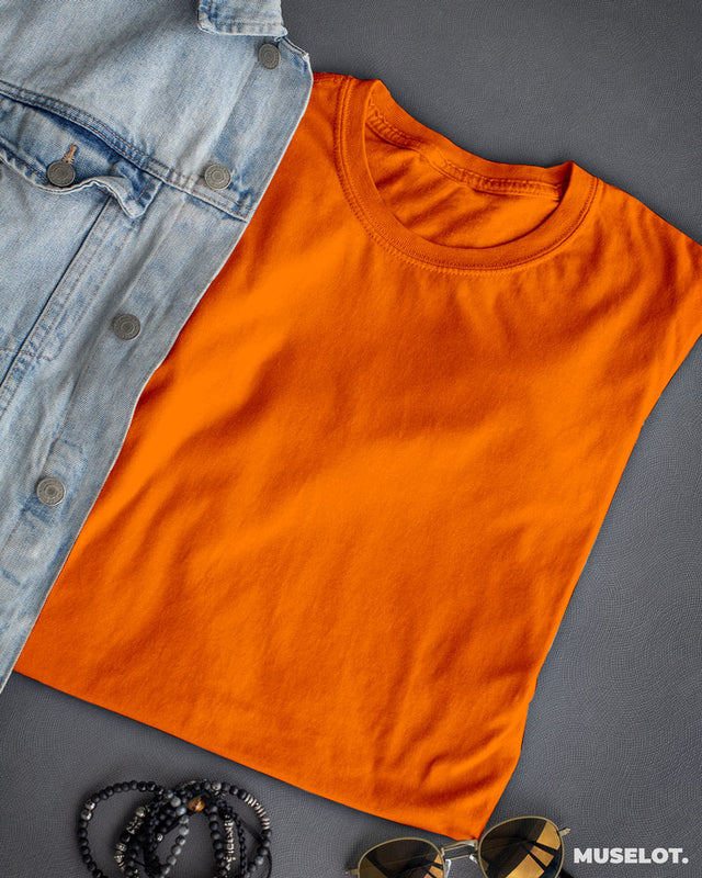 Women's plain orange half sleeves t shirt in 100% cotton and round neck - MUSELOT