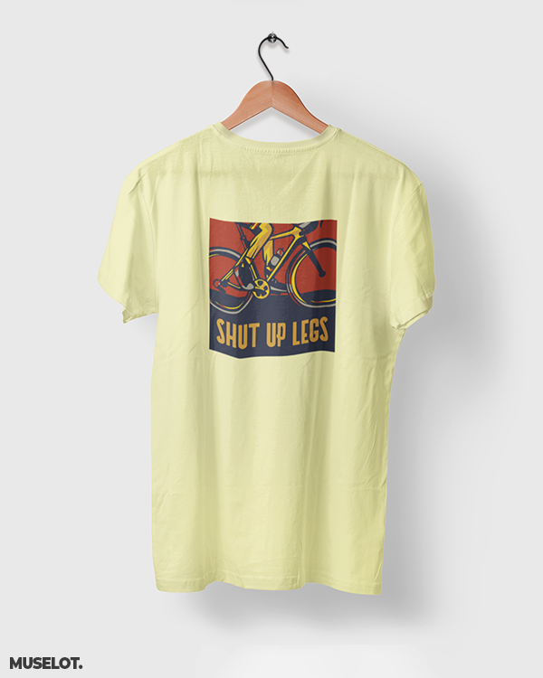 Butter yellow printed t shirts for cyclists printed with shut up legs  - MUSELOT