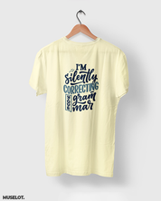 Butter yellow cool funny printed t shirt online for grammar nazis printed with silently correcting grammar - MUSELOT