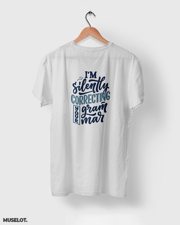Melange grey cool funny printed t shirt online for grammar nazis printed with silently correcting grammar - MUSELOT