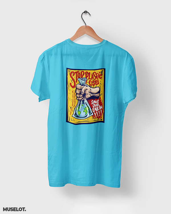 Sky blue t shirt printed with stop plastic, save the earth for nature lovers - Muselot