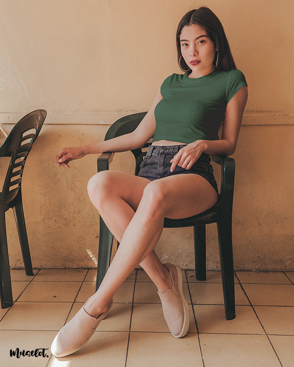 Olive green plain crop t shirt