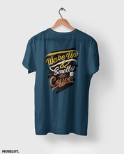 Navy blue t shirt printed with wake up and smell the coffee for coffee lovers - Muselot