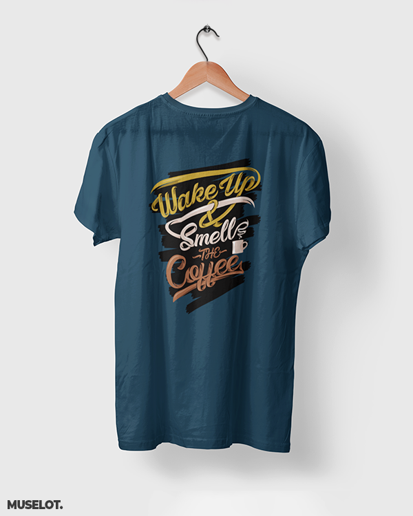 Navy blue t shirt printed with wake up and smell the coffee for coffee lovers - Muselot