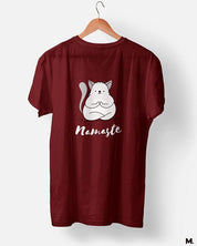 Muselot's Maroon t-shirt printed with Namaste! for yoga and cat lovers.