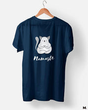 Muselot's Navy t-shirt printed with Namaste! for yoga and cat lovers.