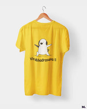 Muselot's Golden Yellow t-shirt printed with Virabhadrasana for yoga and dog lovers.