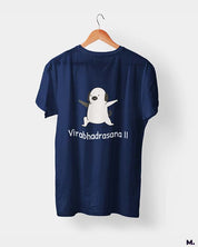 Muselot's Navy t-shirt printed with Virabhadrasana for yoga and dog lovers.