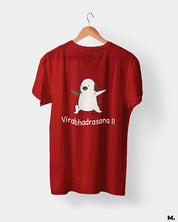 Muselot's Red printed with Virabhadrasana for yoga and dog lovers.